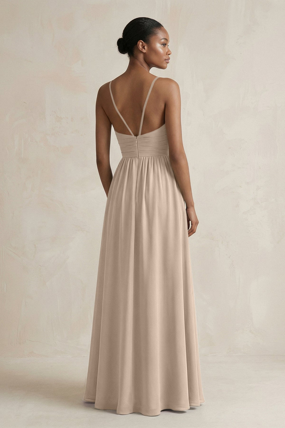 A - Line Halter Chiffon Ruched Bridesmaid Dress in Almond - KISS BRIDAL Bridesmaid Dresses