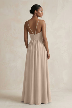 A - Line Halter Chiffon Ruched Bridesmaid Dress in Almond - SHE IS ME Bridesmaid Dresses