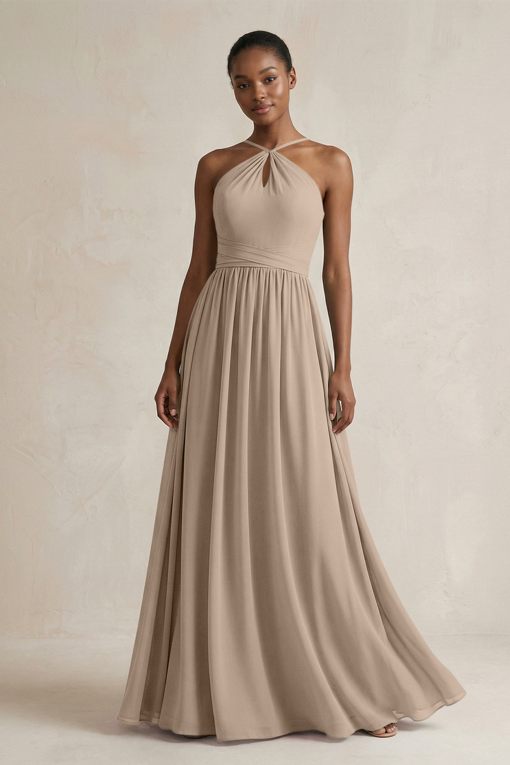 A-Line Halter Chiffon Ruched Bridesmaid Dress in Almond