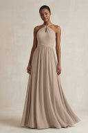 A-Line Halter Chiffon Ruched Bridesmaid Dress in Almond | KISSBRIDAL