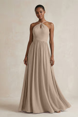 A-Line Halter Chiffon Ruched Bridesmaid Dress in Almond | KISSBRIDAL