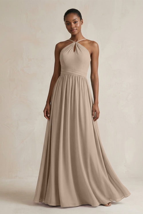 A-Line Halter Chiffon Ruched Bridesmaid Dress in Almond | KISSBRIDAL