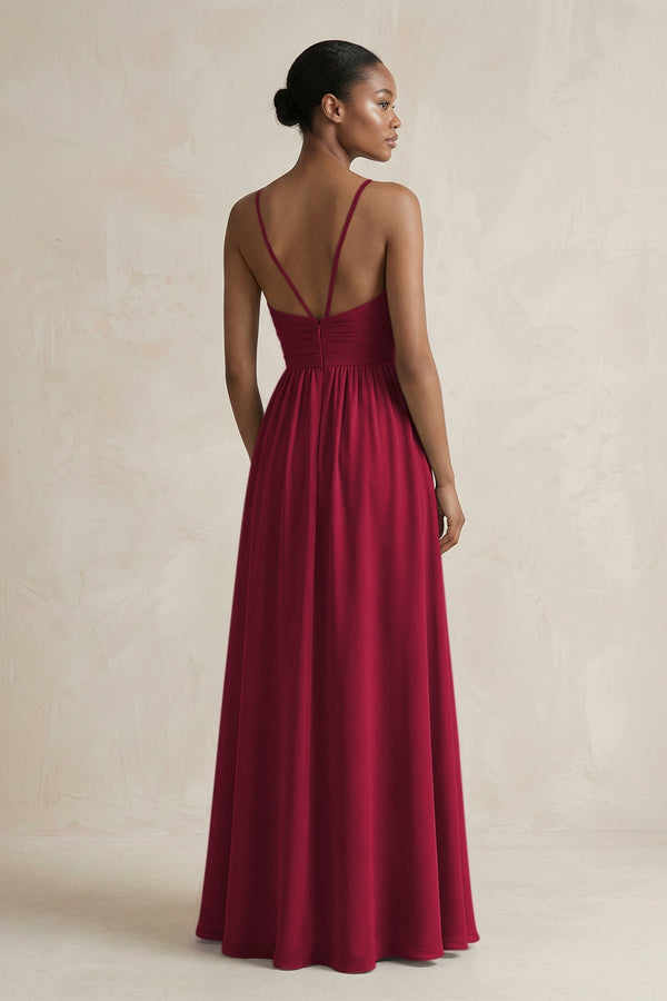 A - Line Halter Chiffon Ruched Bridesmaid Dress in Berry - SHE IS ME Bridesmaid Dresses