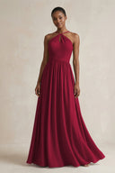 A - Line Halter Chiffon Ruched Bridesmaid Dress in Berry - SHE IS ME Bridesmaid Dresses