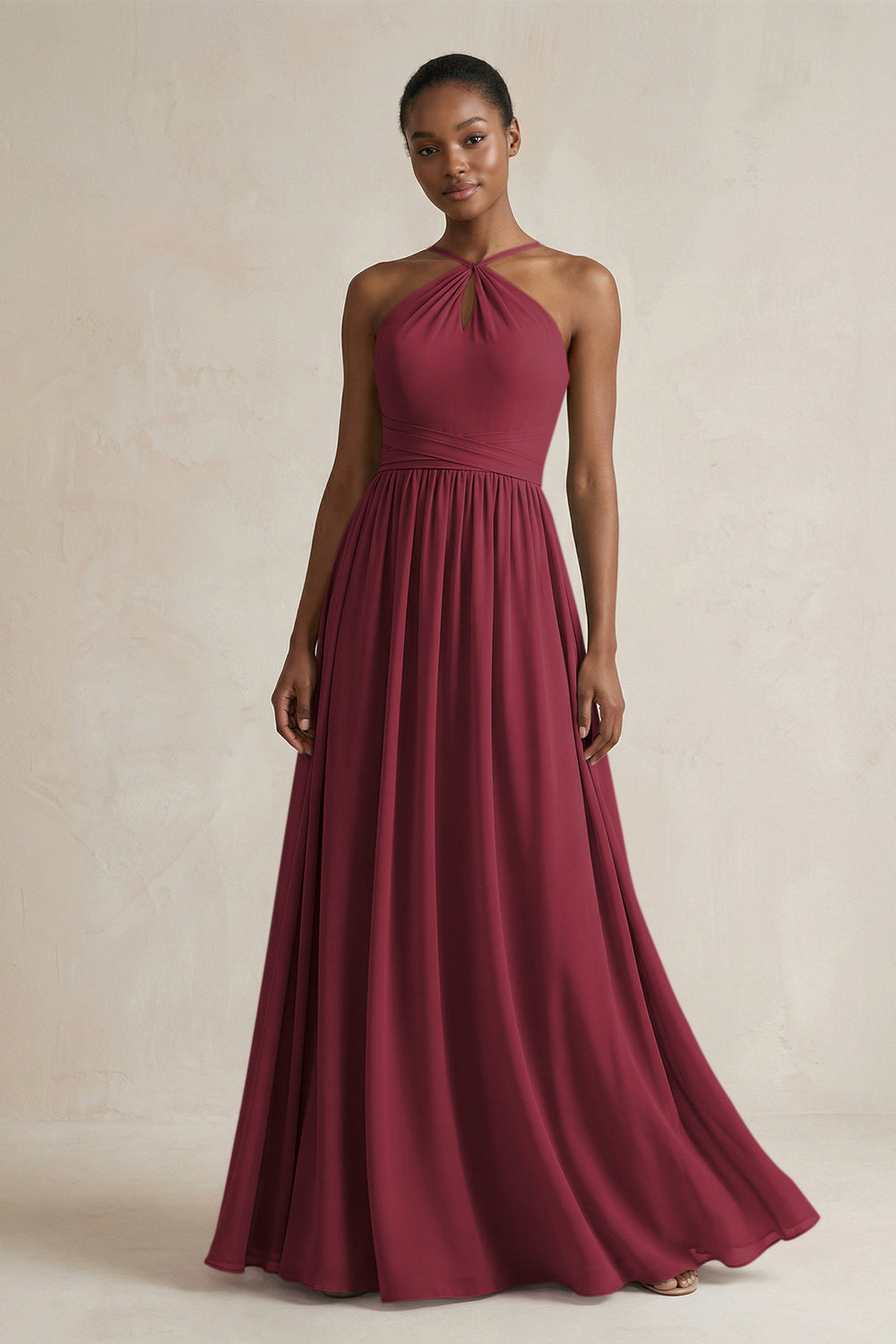 A-Line Halter Chiffon Ruched Bridesmaid Dress in Berry