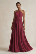 A-Line Halter Chiffon Ruched Bridesmaid Dress in Berry | KISSBRIDAL