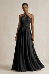A - Line Halter Chiffon Ruched Bridesmaid Dress in Black - KISS BRIDAL Bridesmaid Dresses