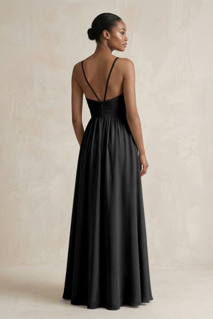A - Line Halter Chiffon Ruched Bridesmaid Dress in Black - SHE IS ME Bridesmaid Dresses