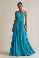A - Line Halter Chiffon Ruched Bridesmaid Dress in Blue Jay - KISS BRIDAL Bridesmaid Dresses