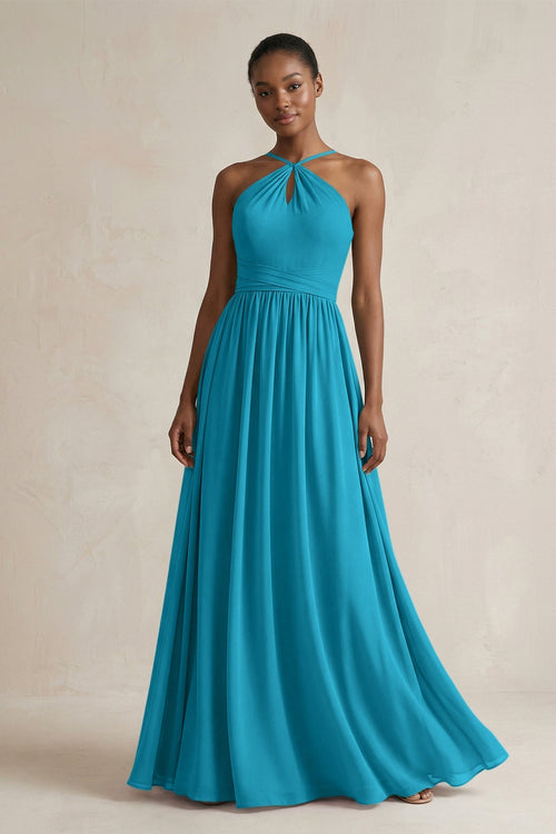 A - Line Halter Chiffon Ruched Bridesmaid Dress in Blue Jay - SHE IS ME Bridesmaid Dresses