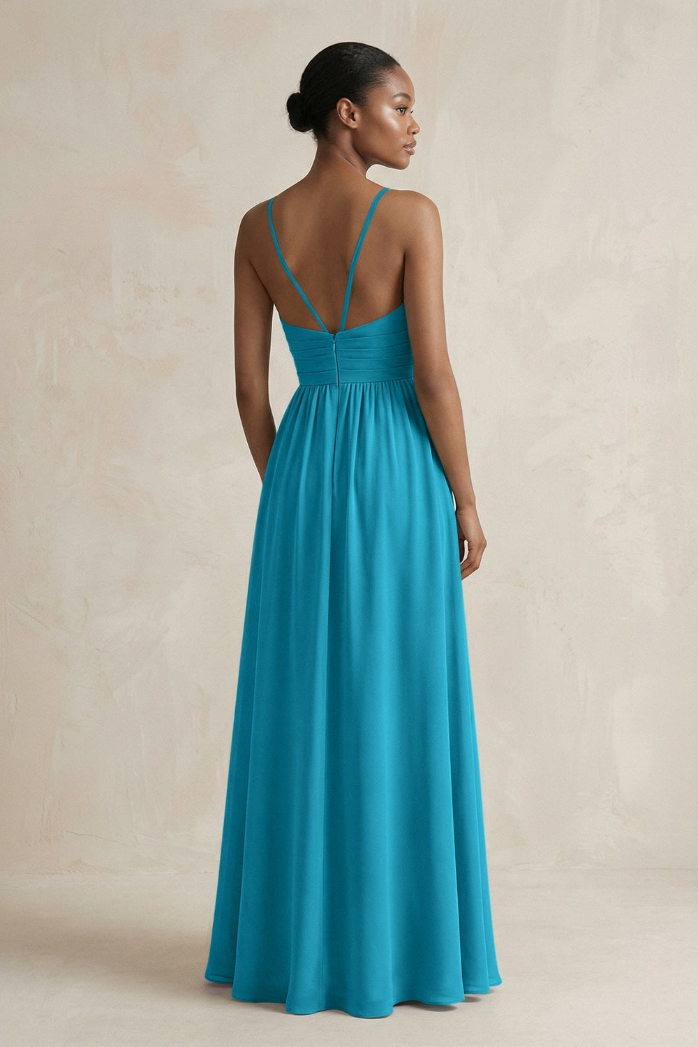 A - Line Halter Chiffon Ruched Bridesmaid Dress in Blue Jay - KISS BRIDAL Bridesmaid Dresses