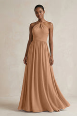 A - Line Halter Chiffon Ruched Bridesmaid Dress in Bronzer - KISS BRIDAL Bridesmaid Dresses