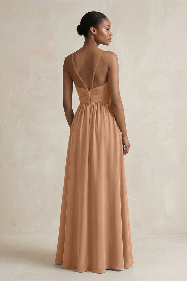A - Line Halter Chiffon Ruched Bridesmaid Dress in Bronzer - SHE IS ME Bridesmaid Dresses