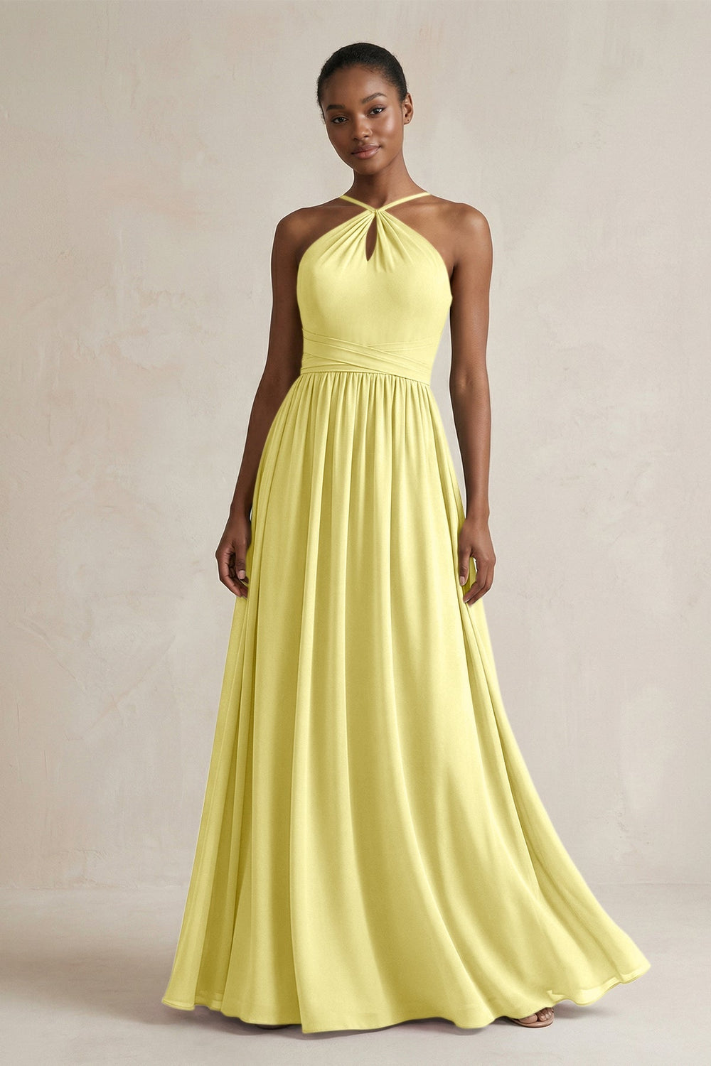 A - Line Halter Chiffon Ruched Bridesmaid Dress in Buttercup - KISS BRIDAL Bridesmaid Dresses
