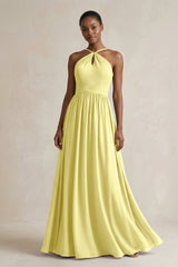 A - Line Halter Chiffon Ruched Bridesmaid Dress in Buttercup - KISS BRIDAL Bridesmaid Dresses