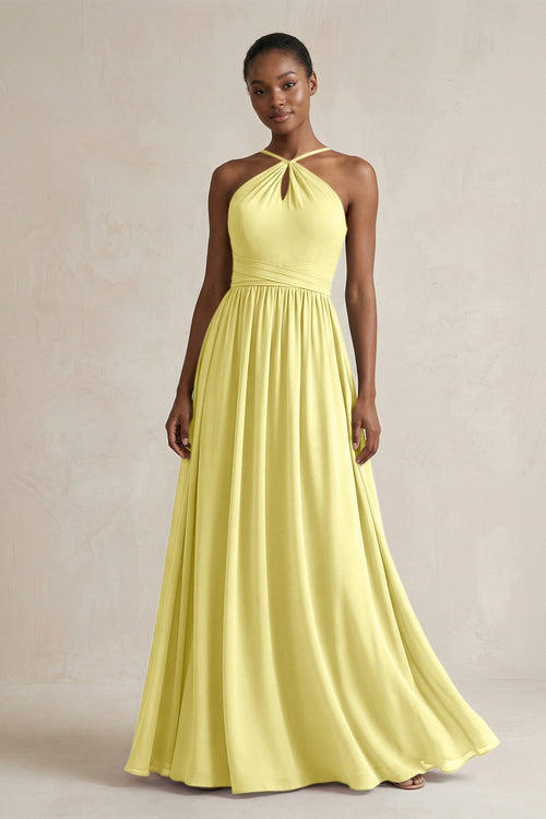 A - Line Halter Chiffon Ruched Bridesmaid Dress in Buttercup - SHE IS ME Bridesmaid Dresses