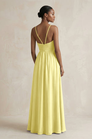 A - Line Halter Chiffon Ruched Bridesmaid Dress in Buttercup - SHE IS ME Bridesmaid Dresses