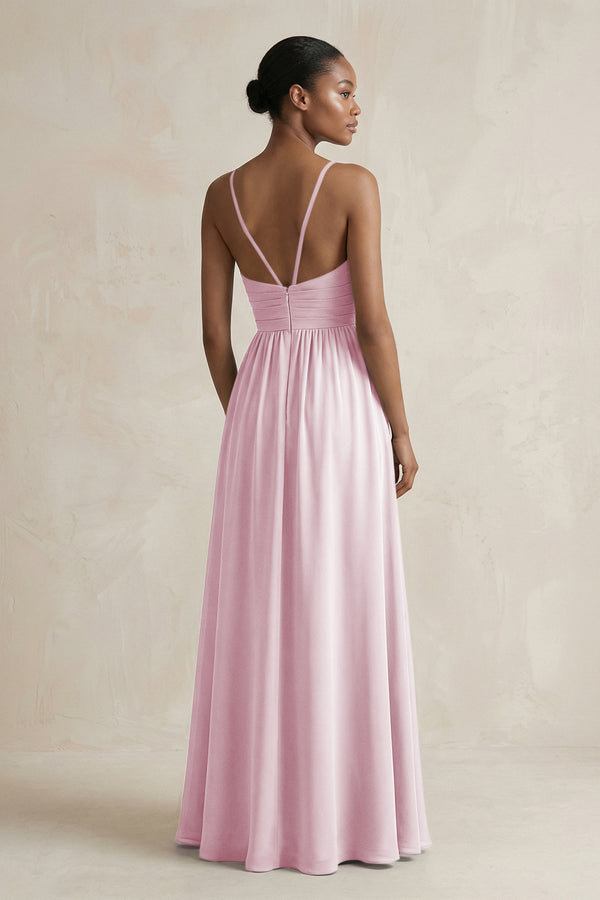 A-Line Halter Chiffon Ruched Bridesmaid Dress in Candy Pink (2) | KISSBRIDAL