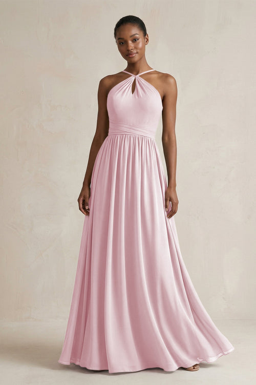 A - Line Halter Chiffon Ruched Bridesmaid Dress in Candy Pink - SHE IS ME Bridesmaid Dresses