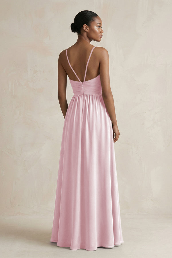 A - Line Halter Chiffon Ruched Bridesmaid Dress in Candy Pink - SHE IS ME Bridesmaid Dresses