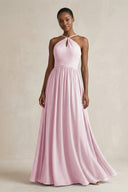 A-Line Halter Chiffon Ruched Bridesmaid Dress in Candy Pink | KISSBRIDAL