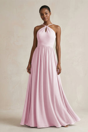 A-Line Halter Chiffon Ruched Bridesmaid Dress in Candy Pink | KISSBRIDAL
