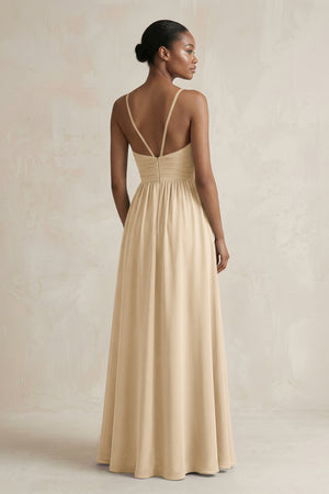 A-Line Halter Chiffon Ruched Bridesmaid Dress in Champagne (2) | KISSBRIDAL