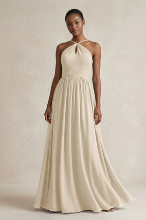 A - Line Halter Chiffon Ruched Bridesmaid Dress in Champagne - SHE IS ME Bridesmaid Dresses