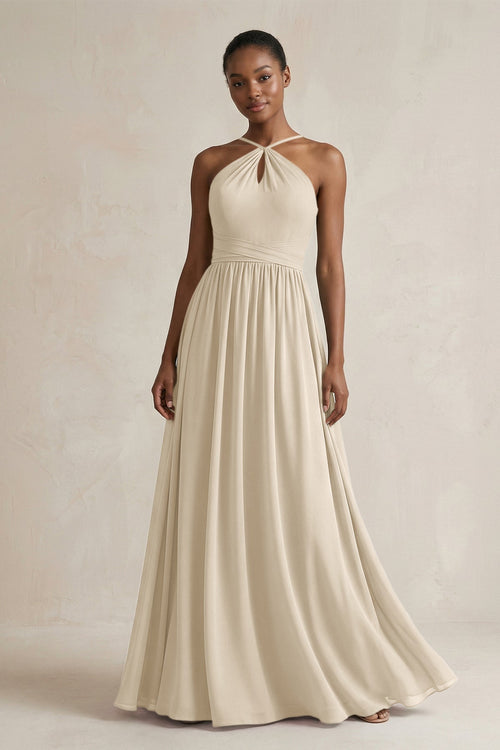 A - Line Halter Chiffon Ruched Bridesmaid Dress in Champagne - SHE IS ME Bridesmaid Dresses