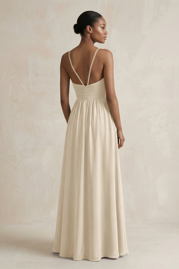 A - Line Halter Chiffon Ruched Bridesmaid Dress in Champagne - SHE IS ME Bridesmaid Dresses