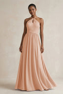 A - Line Halter Chiffon Ruched Bridesmaid Dress in Champagne Rose - SHE IS ME Bridesmaid Dresses