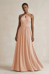 A - Line Halter Chiffon Ruched Bridesmaid Dress in Champagne Rose - KISS BRIDAL Bridesmaid Dresses