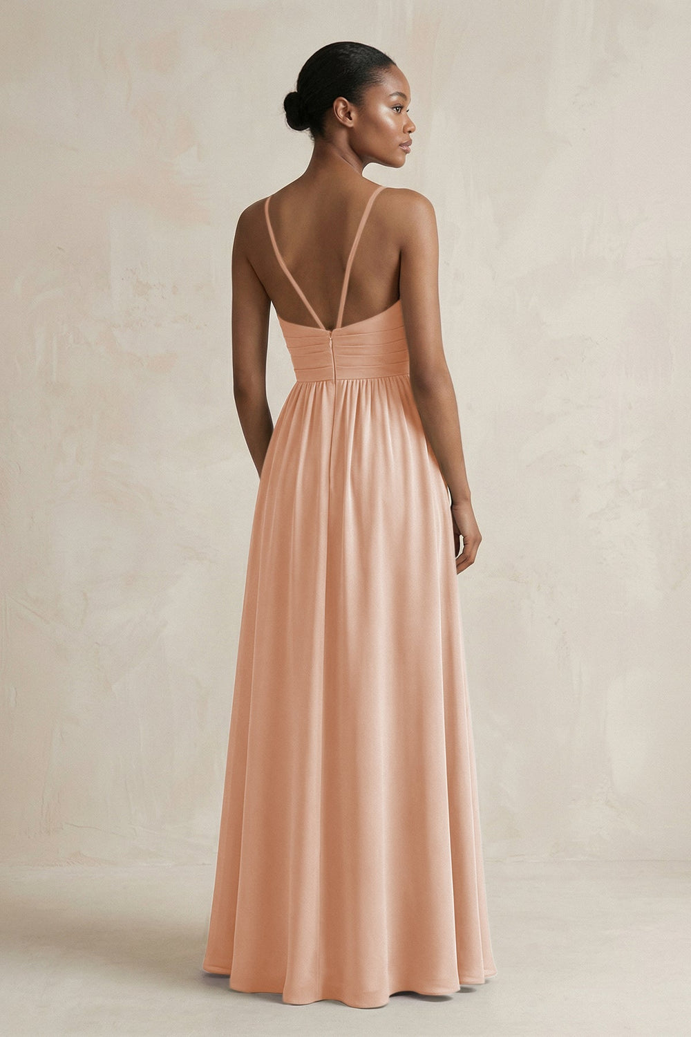 A - Line Halter Chiffon Ruched Bridesmaid Dress in Champagne Rose - KISS BRIDAL Bridesmaid Dresses