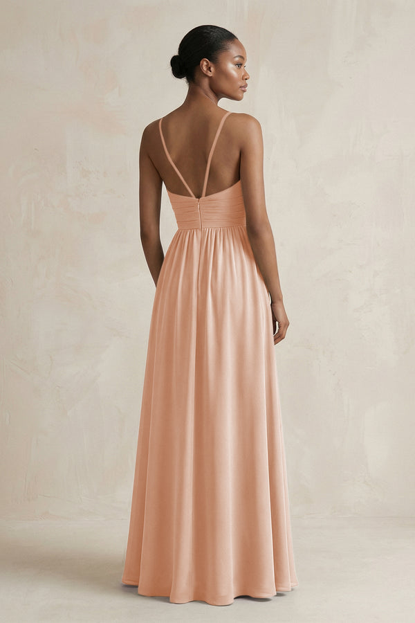 A - Line Halter Chiffon Ruched Bridesmaid Dress in Champagne Rose - SHE IS ME Bridesmaid Dresses
