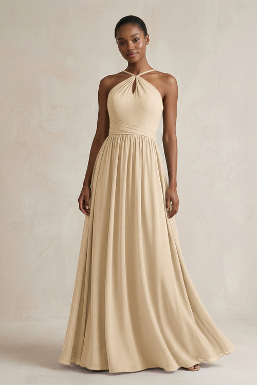 A-Line Halter Chiffon Ruched Bridesmaid Dress in Champagne | KISSBRIDAL