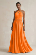 A - Line Halter Chiffon Ruched Bridesmaid Dress in Cinnamon - SHE IS ME Bridesmaid Dresses