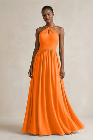 A - Line Halter Chiffon Ruched Bridesmaid Dress in Cinnamon - SHE IS ME Bridesmaid Dresses