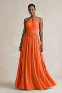 A-Line Halter Chiffon Ruched Bridesmaid Dress in Cinnamon | KISSBRIDAL