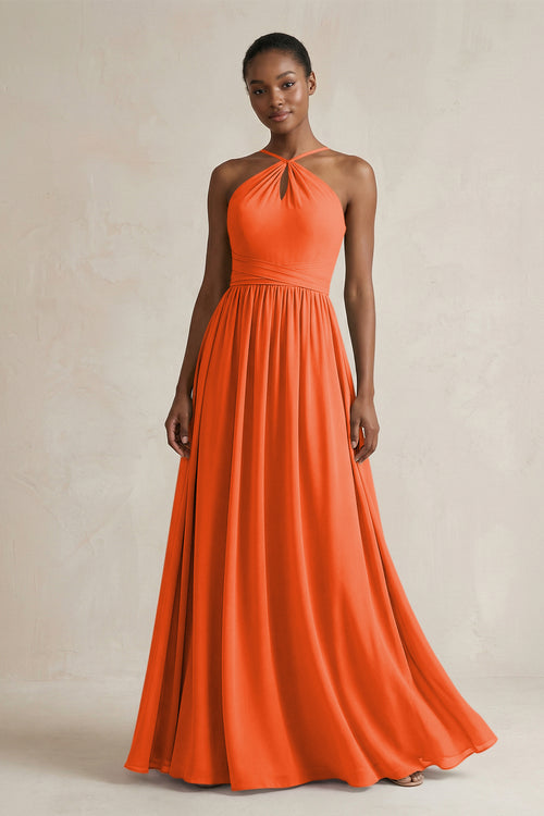 A-Line Halter Chiffon Ruched Bridesmaid Dress in Cinnamon | KISSBRIDAL