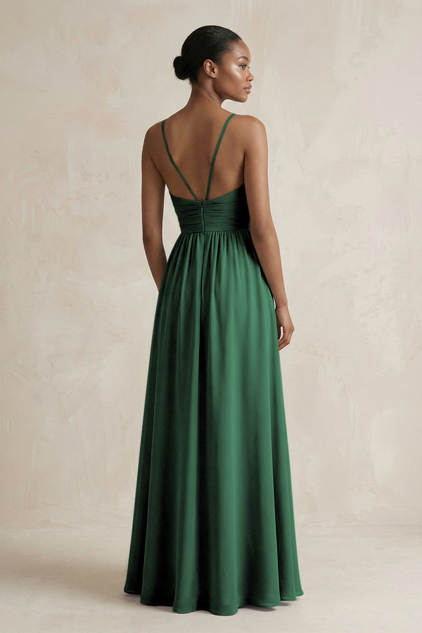 A-Line Halter Chiffon Ruched Bridesmaid Dress in Dark Green (2) | KISSBRIDAL