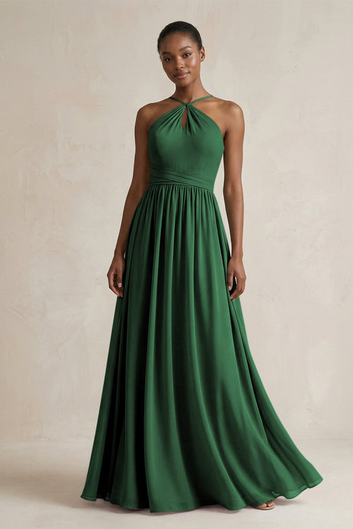 A - Line Halter Chiffon Ruched Bridesmaid Dress in Dark Green - SHE IS ME Bridesmaid Dresses