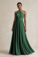 A-Line Halter Chiffon Ruched Bridesmaid Dress in Dark Green | KISSBRIDAL