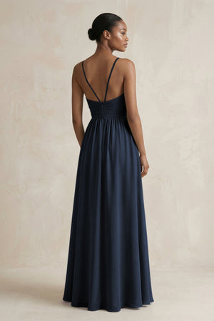 A - Line Halter Chiffon Ruched Bridesmaid Dress in Dark Navy - SHE IS ME Bridesmaid Dresses