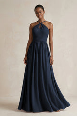 A - Line Halter Chiffon Ruched Bridesmaid Dress in Dark Navy - KISS BRIDAL Bridesmaid Dresses