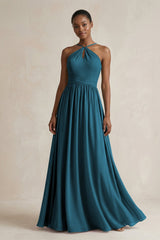 A - Line Halter Chiffon Ruched Bridesmaid Dress in Dark Teal - KISS BRIDAL Bridesmaid Dresses