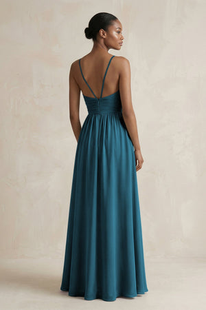 A - Line Halter Chiffon Ruched Bridesmaid Dress in Dark Teal - SHE IS ME Bridesmaid Dresses