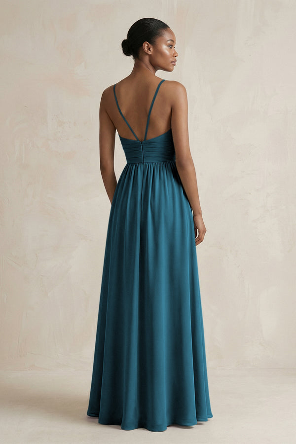A - Line Halter Chiffon Ruched Bridesmaid Dress in Dark Teal - SHE IS ME Bridesmaid Dresses