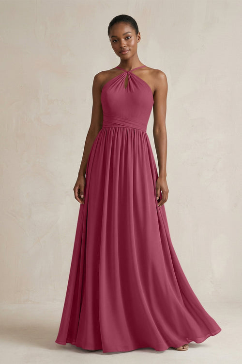 A - Line Halter Chiffon Ruched Bridesmaid Dress in Desert Rose - SHE IS ME Bridesmaid Dresses