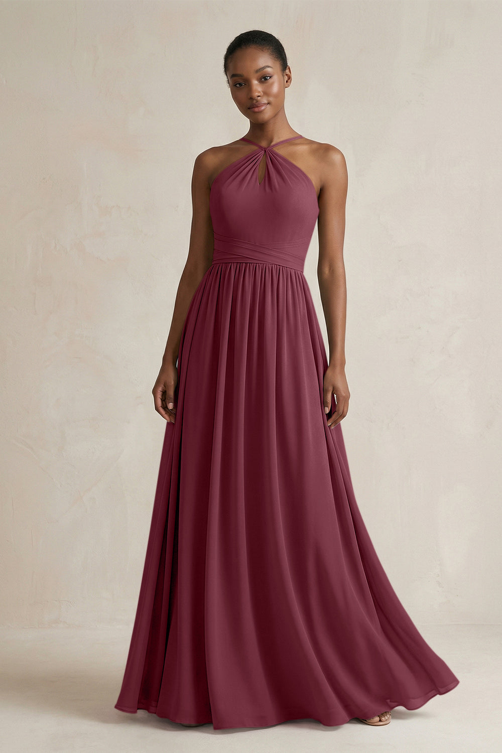 A-Line Halter Chiffon Ruched Bridesmaid Dress in Desert Rose