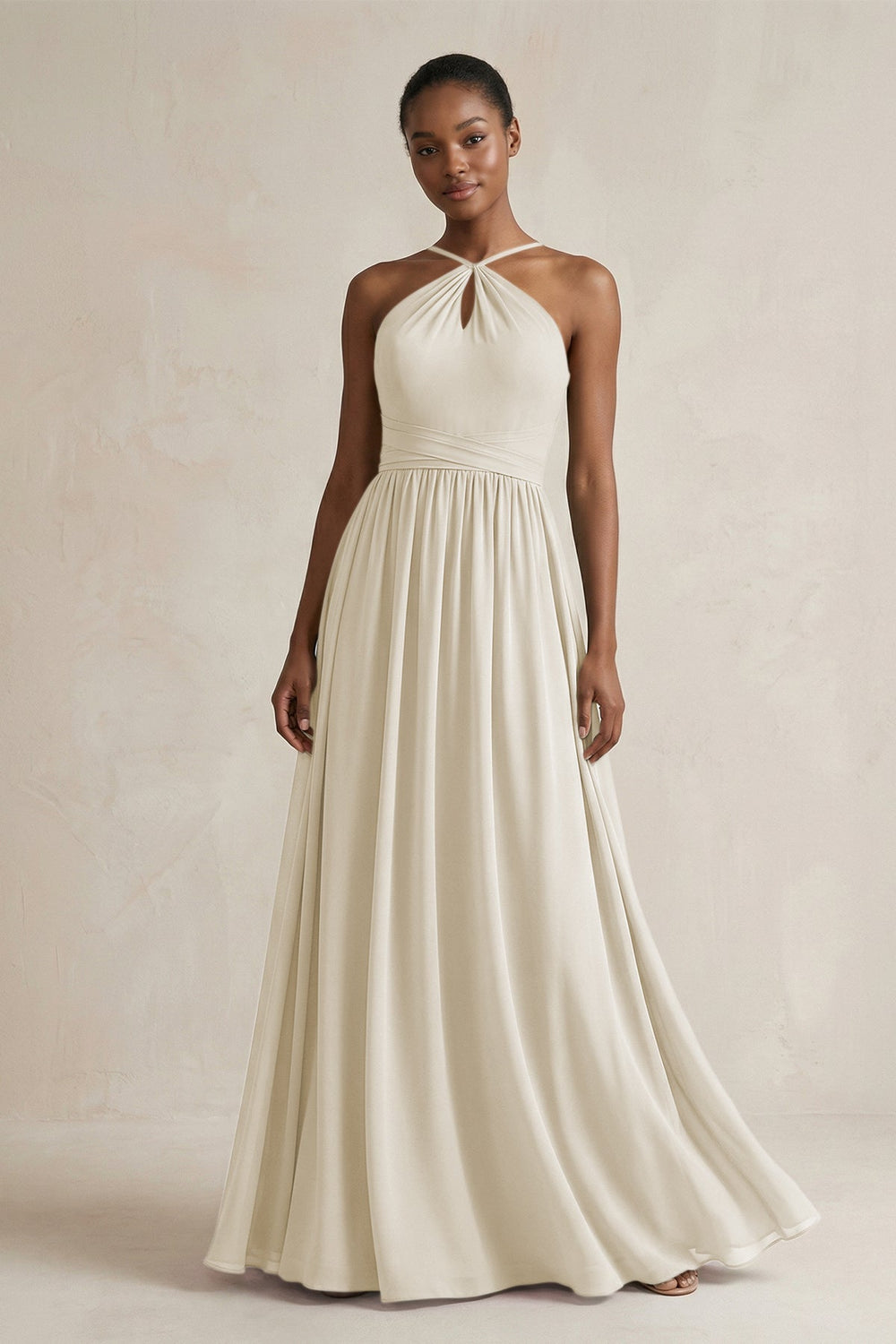 A - Line Halter Chiffon Ruched Bridesmaid Dress in Dove Gray - KISS BRIDAL Bridesmaid Dresses